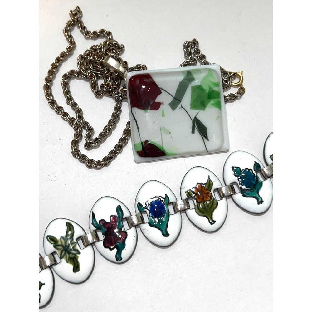 Dichoric Pendant Necklace And Enamel Painted Bracelet